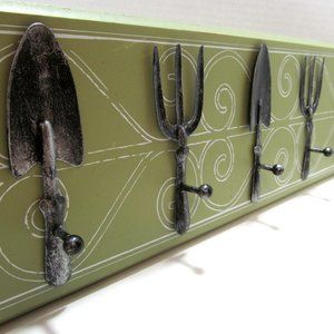 Garden Hand Tools Hanger 5 Pewter Hooks on Wood